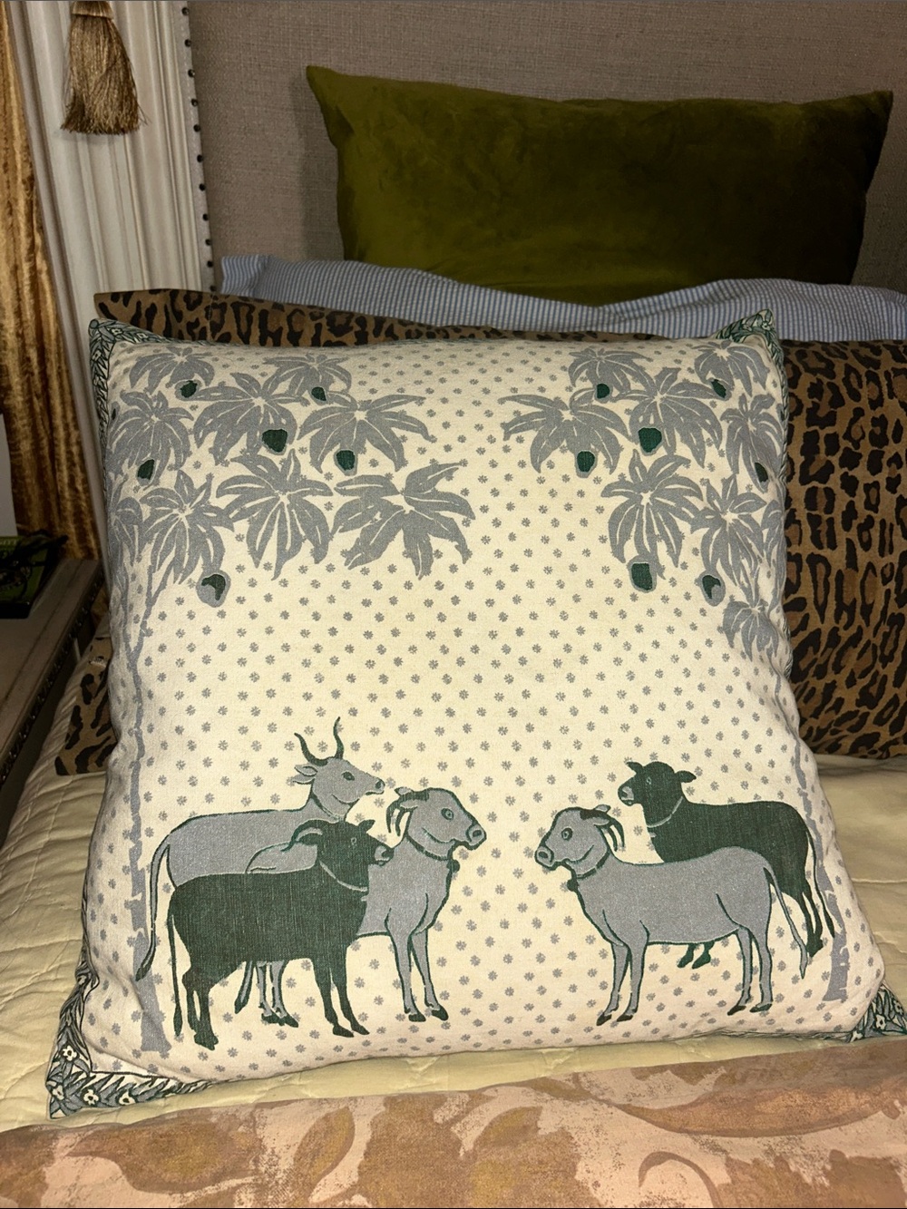 John Robshaw Linen & Cotton Pillow Cover Hand Painted Animals & Fruit Trees